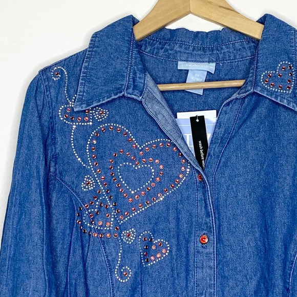 NWT Liz & Me Embellished Chambray Button Down Denim 0X 14/16 Red Hearts Cowgirl - Picture 2 of 14